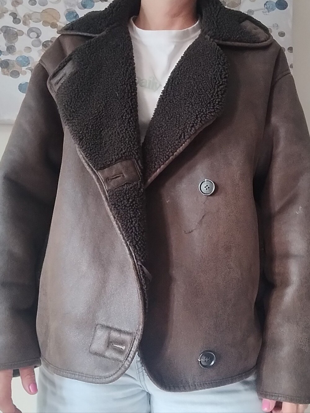 Zara Chocolate Brown Shearling Peacoat Medium - Picture 5 of 5